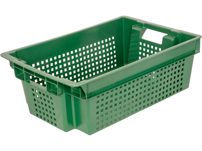Ящик пищевой 102-1 мск пластиковый 600х400х200 мм дно сплошное стенки перфорированные зелёный