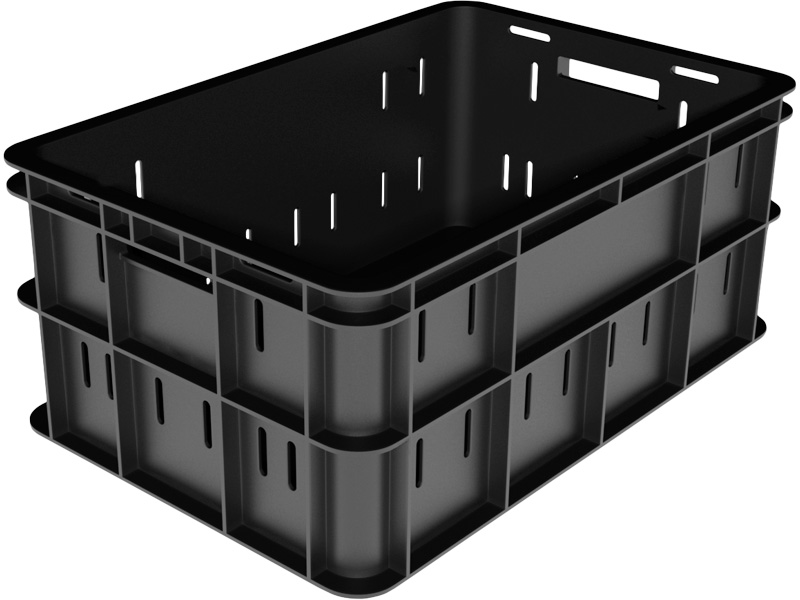 Ящик пищевой 202 размером 600х400х258 мм 3,2 кг продольная перфорация чёрный штабелируемый