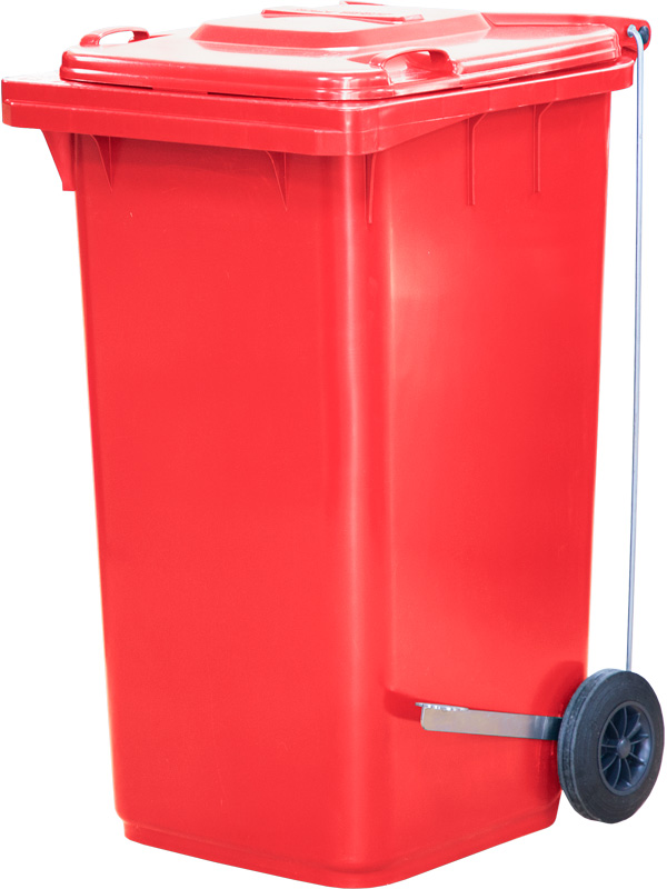 Мусорный контейнер п/э МКТ-240 красный (ПГ) с педальным приводом Г-образным