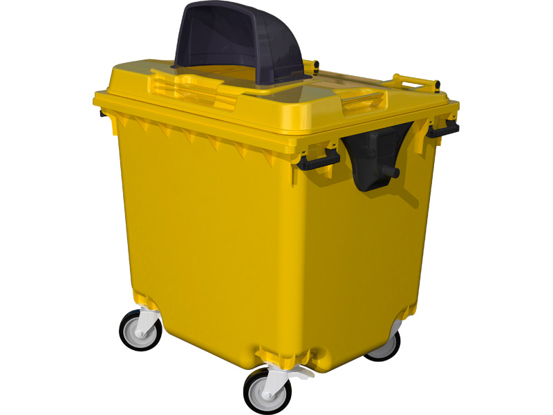 Мусорный контейнер п/э МКТ-1100 жёлтый в сборе на 1100 литров на колёсах с чёрным капюшоном