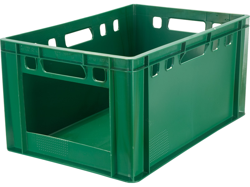 Ящик мясной 210 в пластиковый 600х400х300 сплошной с вырезом Е3 зеленый